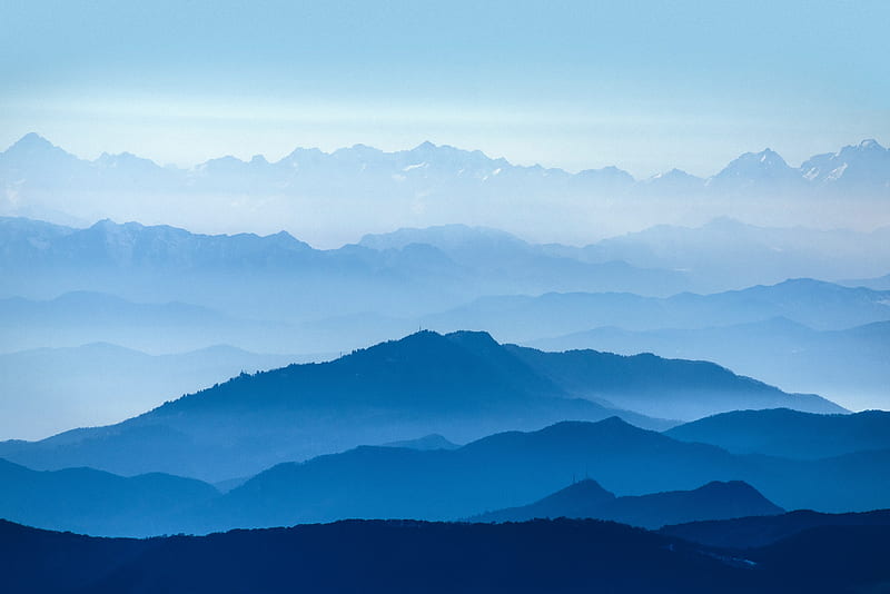 mountains, fog, sky, blue, white, HD wallpaper