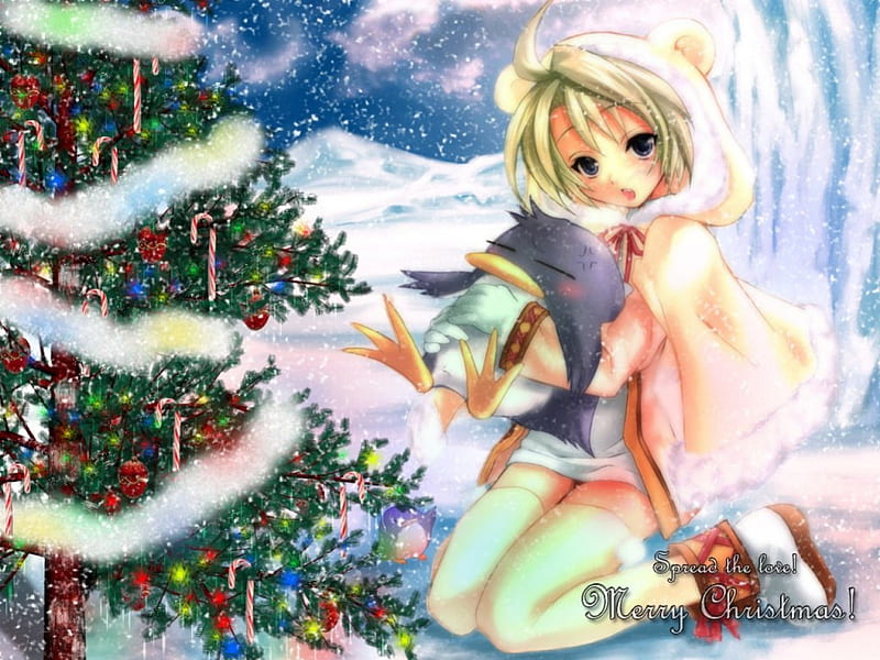 Merry Christmas, pretty, Christmas tree, girl, snow, anime, penguin, bear suit, HD wallpaper