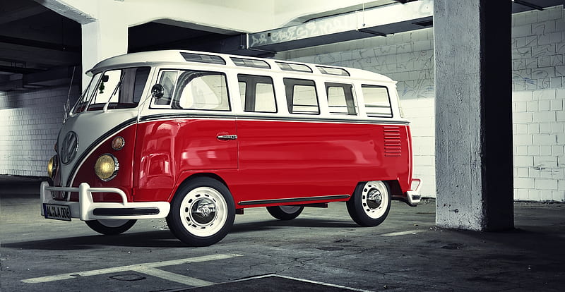 VW Bus, red, VW, White, Travel, Transport, Bus, Van, HD wallpaper