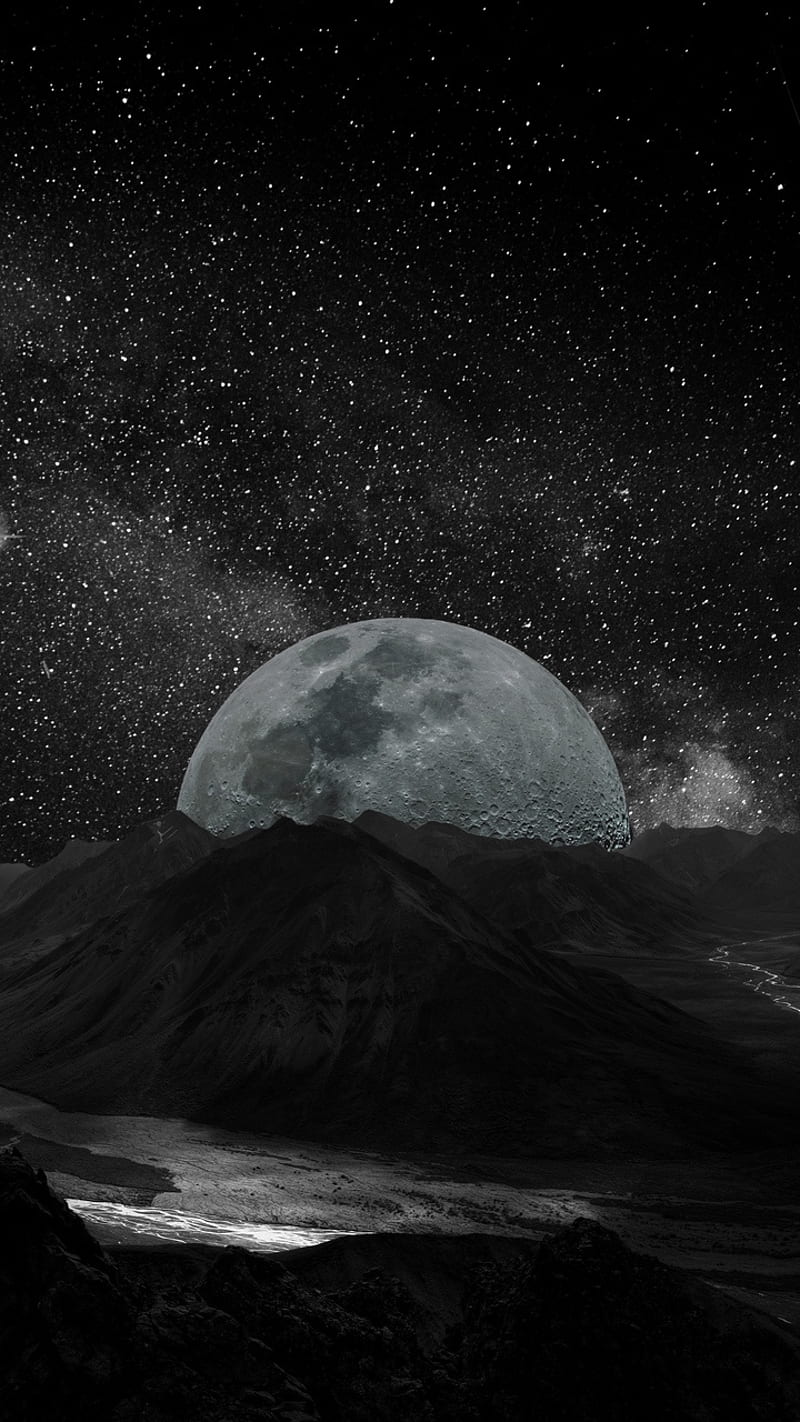 Pure Moon, black, dark, moons, mountain, nature, sky, space, stars, universe, HD phone wallpaper