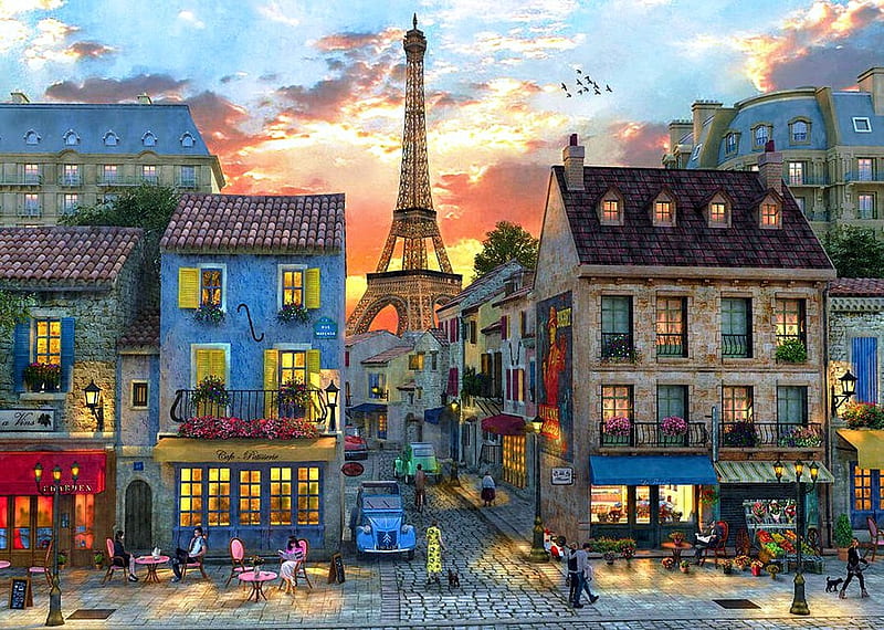 Streets of Paris, carros, eiffel tower, houses, painting, sunset, artwork, lights, HD wallpaper