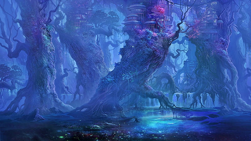 Fantasy world, art, house, luminos, rivendell, elf, water, tree, fantasy, pink, blue, HD wallpaper