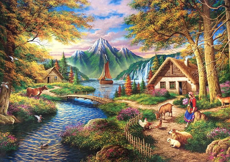 sheep, art, cow, water, cottage, arturo zarraga, painting, pictura, house, HD wallpaper