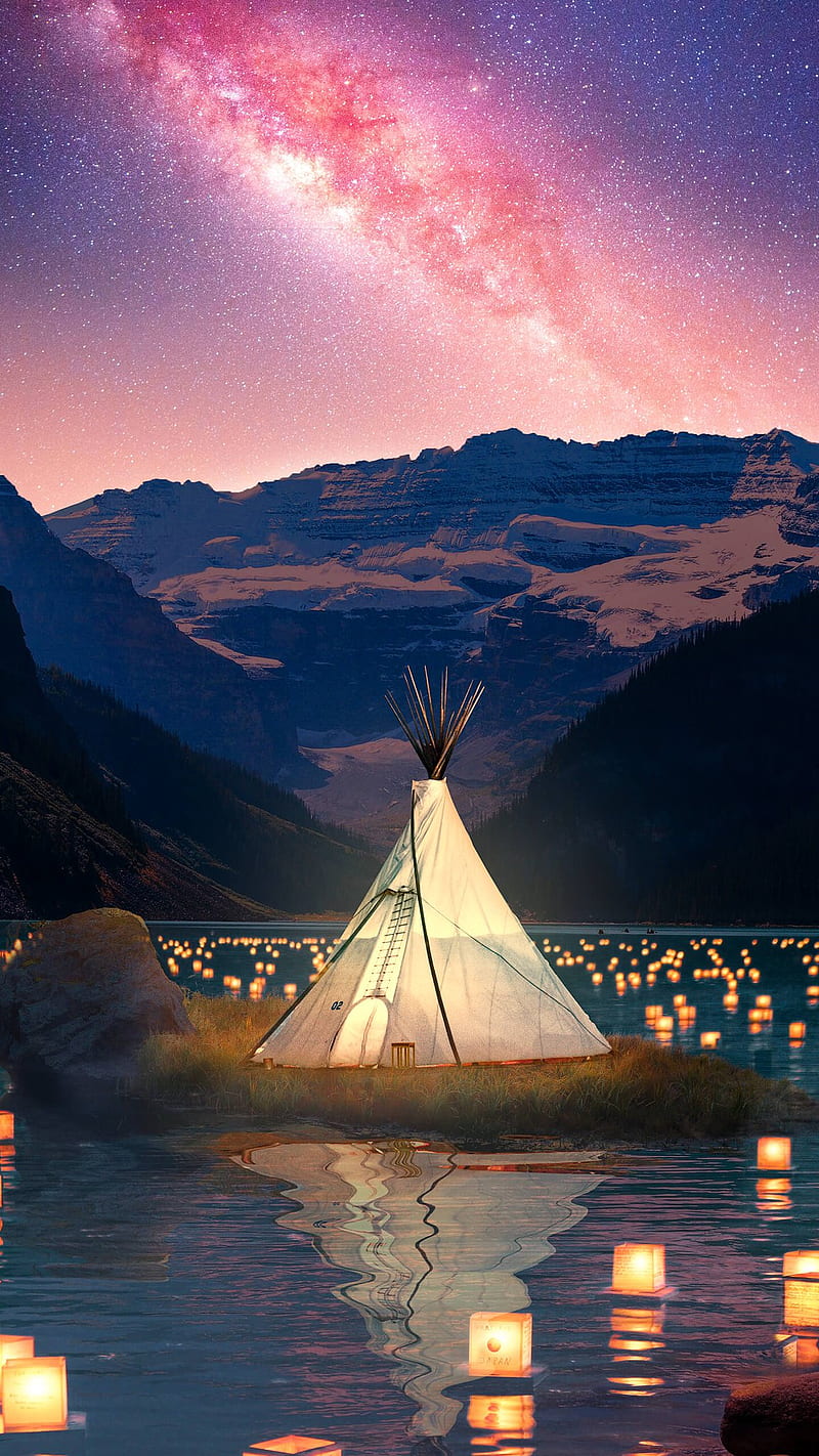 tent, mountains, stars, vertical, portrait display, lights, HD phone wallpaper