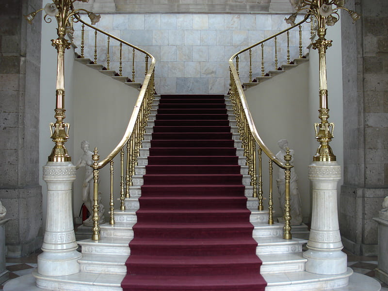 Beautiful stairs, red, house, gorl, marble, palace, elegant, classic, white, style, HD wallpaper