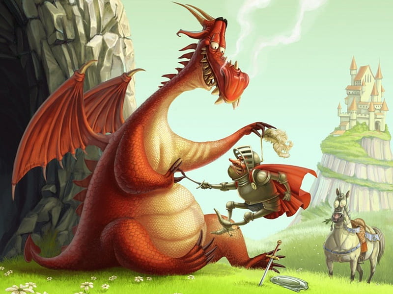 Dragon vs Knight, fantasy, horse, dragon, castle, cave, knight, HD wallpaper