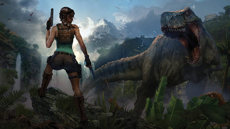 Tomb Raider, Dinosaur, Lara Croft, Tyrannosaurus Rex, HD wallpaper