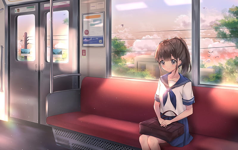 anime school girl, train trip, cute, school uniform, clouds, Anime, HD wallpaper