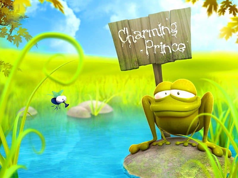 Waiting for Di, pond, frog, water, charming, green, sign, HD wallpaper