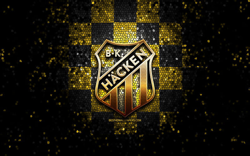 Hacken FC, glitter logo, Allsvenskan, yellow black checkered background, soccer, swedish football club, Hacken logo, mosaic art, football, BK Hacken, HD wallpaper