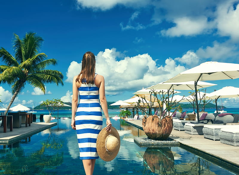 Luxury vacation, Chairs, Umbrellas, Girl, Pool, Hat, Resort, HD wallpaper