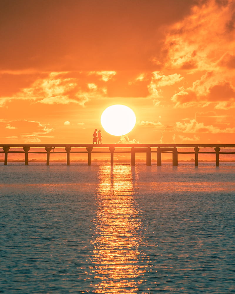 sunset, sun, silhouette, bridge, sea, glare, HD phone wallpaper