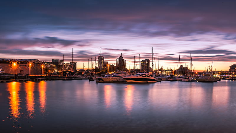 boat, pier, port, sunset, sea, HD wallpaper