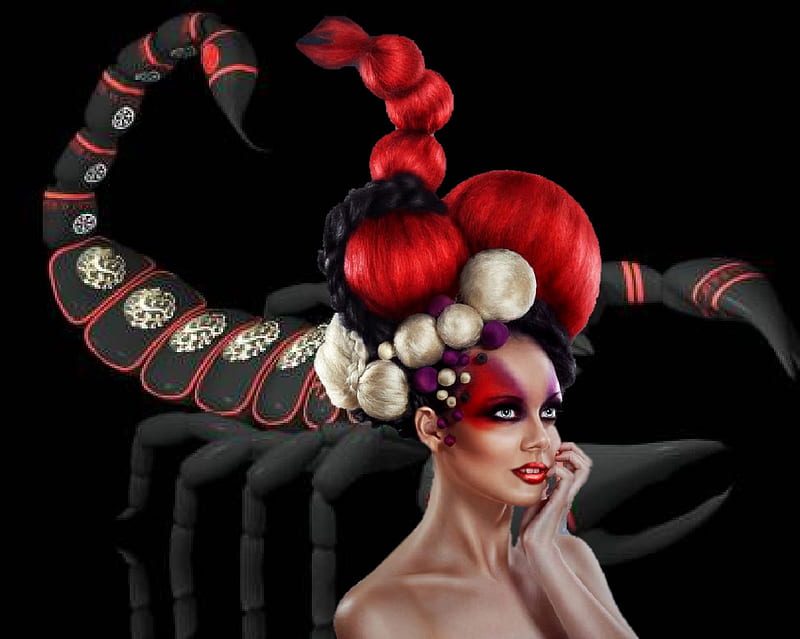 Red Scorpion Hair and Face Art, red, artistic, pretty, female, lovely, black, bonito, creative, woman, women, fantasy, feminine, girls, scorpion hairstyle, gorgeous, scorpion, HD wallpaper