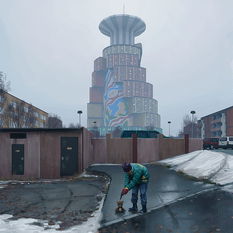 Simon Stålenhag, digital art, teddy bears, urban, Russia, gun, HD phone wallpaper