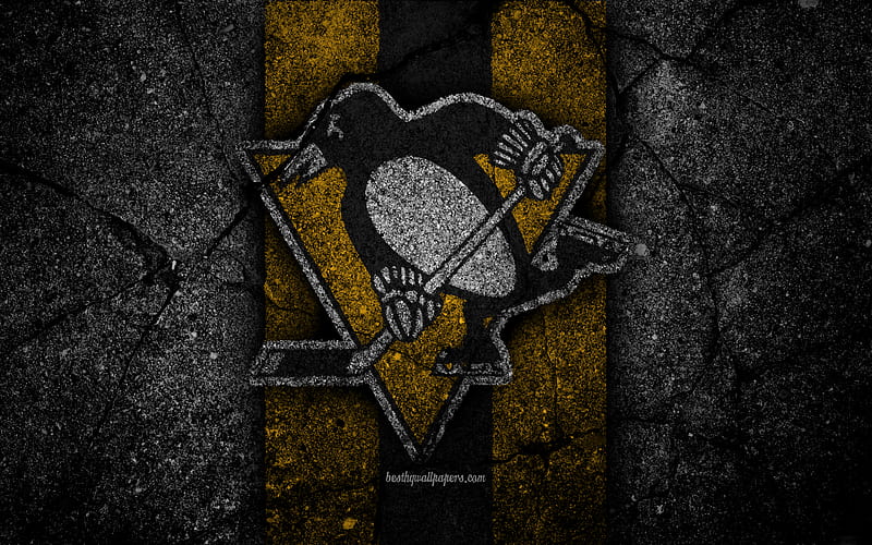 Pittsburgh Penguins, logo, hockey club, NHL, black stone, Eastern Conference, USA, Asphalt texture, hockey, Metropolitan Division, HD wallpaper