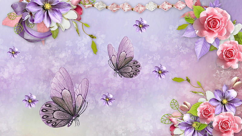 Temptation, lilac, butterflies, spring, lavender, ribbons, roses, summer, flowers, beads, HD wallpaper