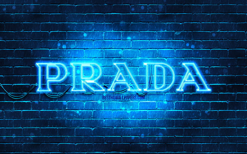 Prada blue logo blue brickwall, Prada logo, fashion brands, Prada neon logo, Prada, HD wallpaper