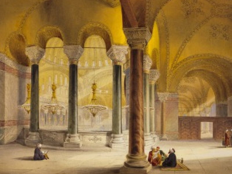 Hagia Sophia, art, columns, yellow, church, gaspard fossati, turkey, people, painting, HD wallpaper