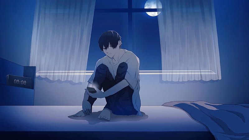 Boy Is Sitting Alone On Bed During Nighttime Anime Boy HD wallpaper   Peakpx