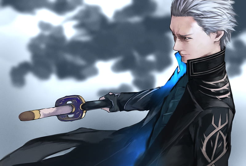 Vergil from devil may cry 5 in an anime art style