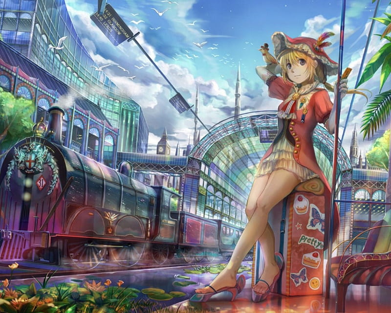 Anime World, cloud, grass, england, wind, spring, cute, girl, waiting, anime, train station, HD wallpaper