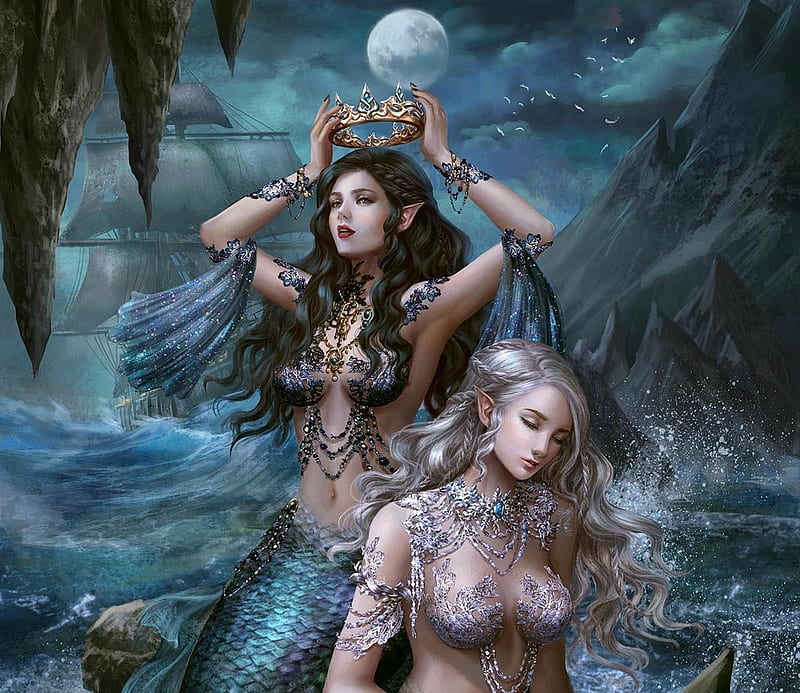 Zodiac Pisces, moon, luminos, legend of the cryptids, mermaid, zodiac, sea, hoanglpsolan, fantasy, moon, water, girl, ship, pisces, summer, crown, blue, HD wallpaper