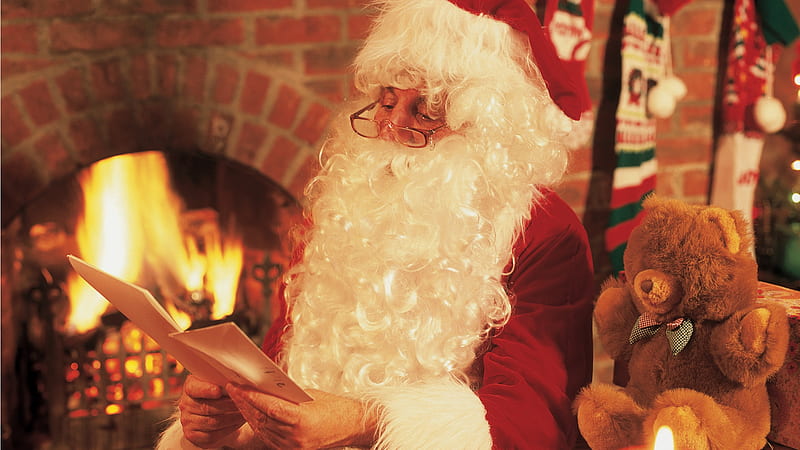 Santa by the Fire, Christmas, Feliz Navidad, holiday, Father Christmas, Santa Claus, St Nick, fireplace, teddy bear, Saint Nicholas, Firefox Persona theme, letter, HD wallpaper
