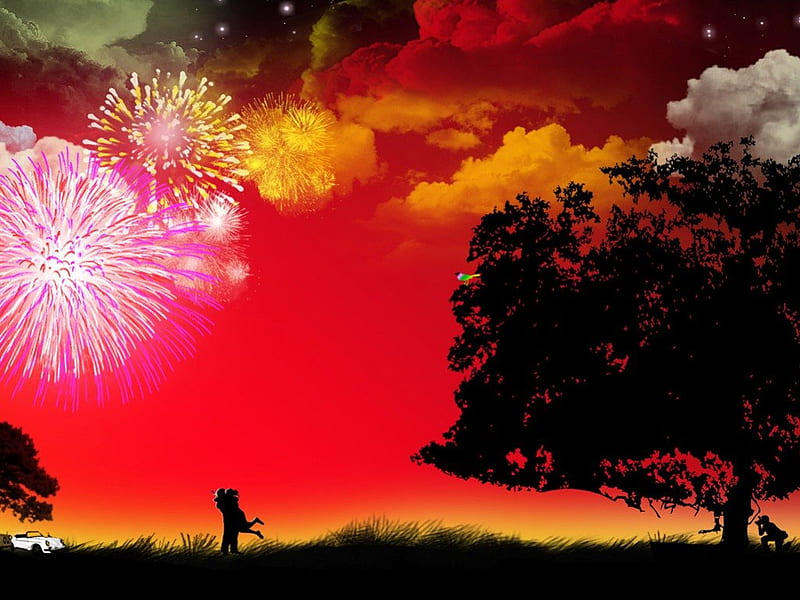 Sweet Fireworks, tree, hugging, fireworks, silhouette, sky, couple, night, HD wallpaper