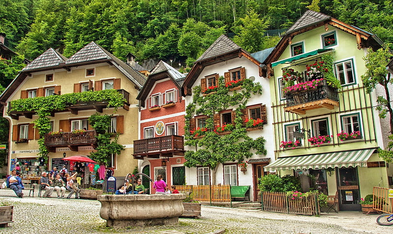 Hallstatt, Austria, fountain, restaurant, balcony, buildings, flowers, trees, People, HD wallpaper