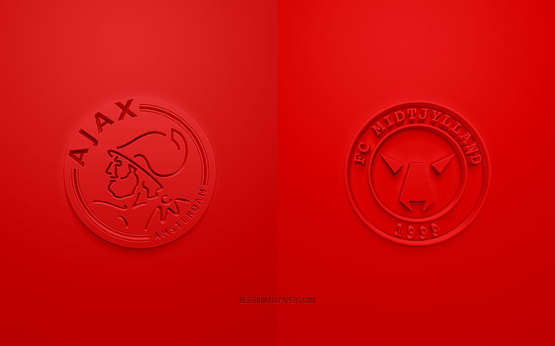 Ajax Amsterdam vs FC Midtjylland, UEFA Champions League, Group D, 3D logos, red background, Champions League, football match, Ajax Amsterdam, FC Midtjylland, HD wallpaper
