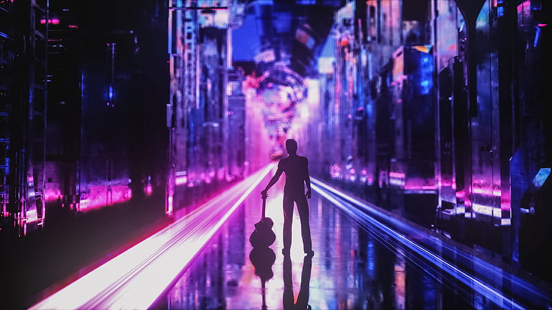 lonely guitarist man, neon city, lights, silhouette, Men, HD wallpaper