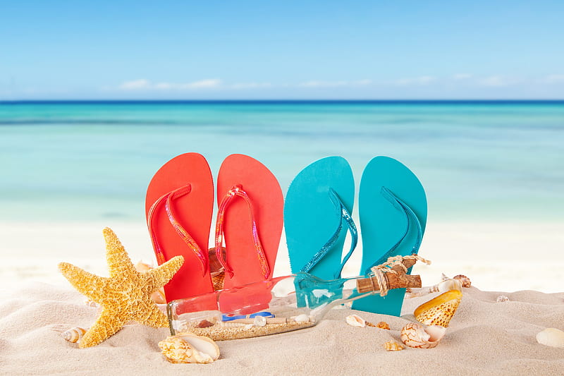 Summer beach, Starfish, Sand, Shell, Vacation, Flip-flop, HD wallpaper