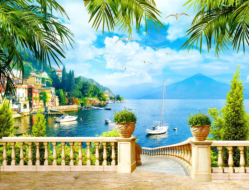 Coastal view, bonito, lake, coast, sea, terrace, mediterraneo, vacation, yacht, view, town, seagulls, summer, HD wallpaper