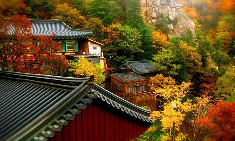 Seoraksan national park-Korea, rocks, colorful, fall, autumn, roofs, houses, town, bonito, Korea, park, trees, foliage, mountain, leaves, temple, village, HD wallpaper