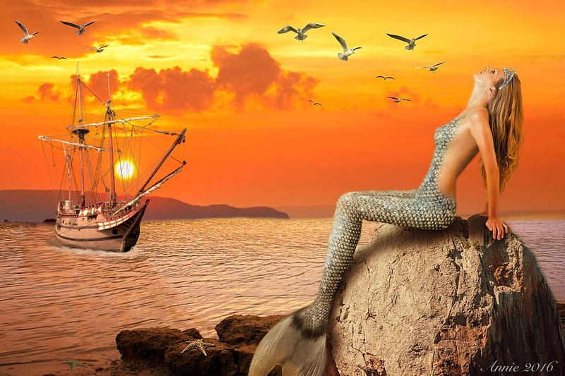 Mermaid's Enchanting Song, rocks, fantasy, ship, Mermaid, ocean, Sunset, sea, HD wallpaper