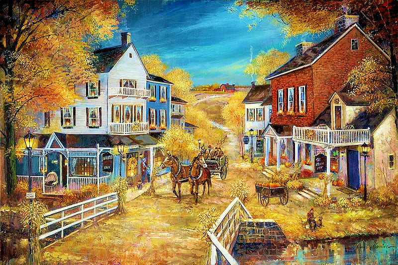 Harvest Village, fence, houses, painting, cart, road, trees, horses, artwork, HD wallpaper