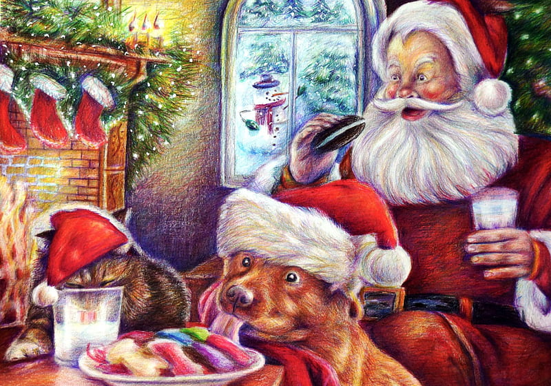 One Christmas Night:, santa, drawing, cristmas, cats, dog, winter, HD wallpaper