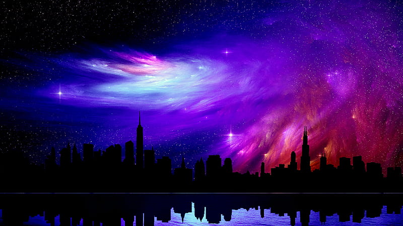Skyline Silhouete, colorful, 3d, cool, cg, digital, HD wallpaper