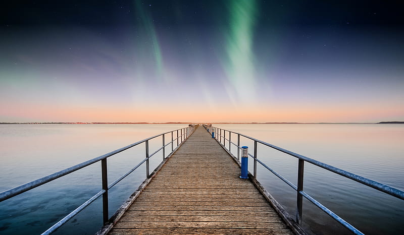pier, northern lights, horizon, sky, stars, HD wallpaper