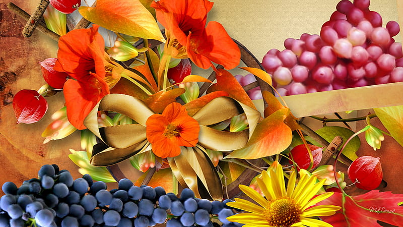 Grapes and Nasturtiums, nasturtiums, colorful, fall, grapes, autumn, ribbon bow, flowers, firefox persona, HD wallpaper