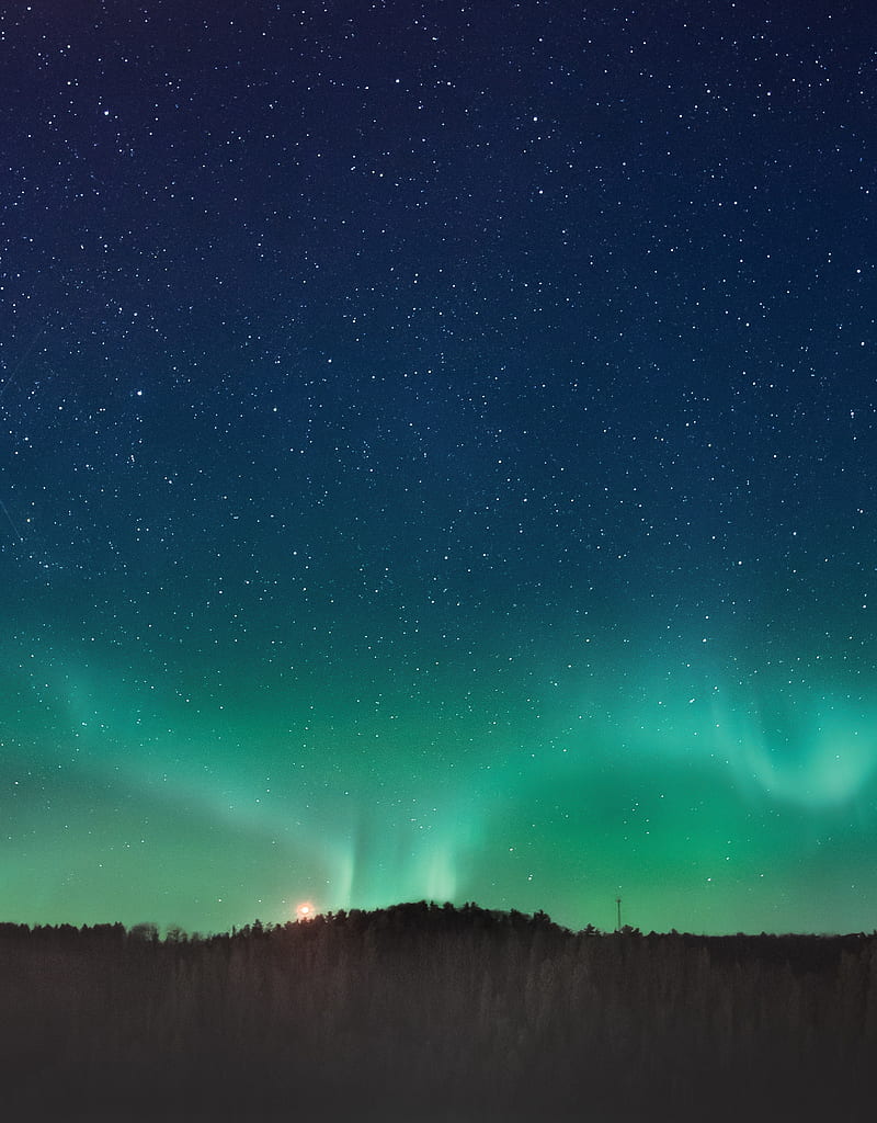 northern lights, aurora, horizon, stars, starry sky, night, HD phone wallpaper