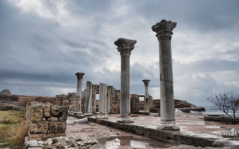 ancient city, crimea, hersonissos, ruins of chersonese, black sea, ruins, old columns, HD wallpaper