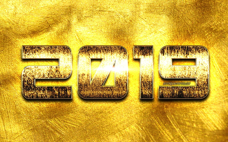 2019 golden metal digits, yellow background, creative, Happy New Year 2019, golden digits, 2019 concepts, yellow lights, 2019 on golden background, 2019 year digits, HD wallpaper