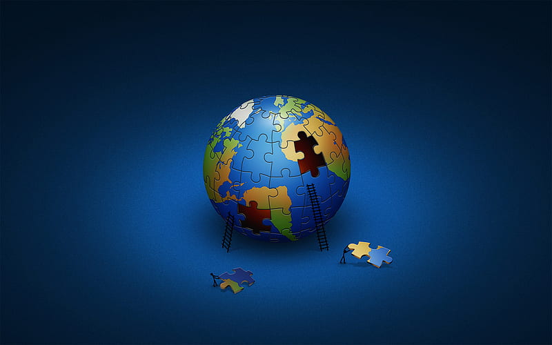 The Missing Pieces, world, design, puzzle, creative, earth, blue, HD wallpaper