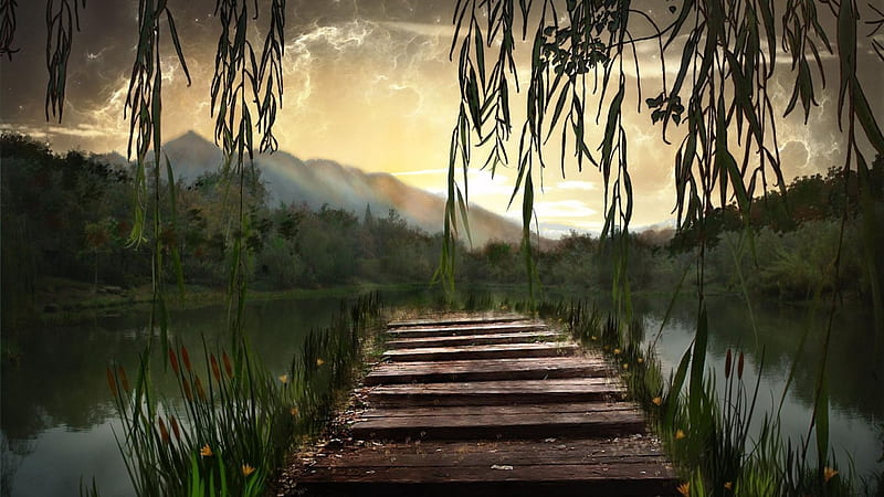 Lake Pontoon, grass, yellow, clouds, mountain, leaves, dock, green, pontoon, flowers, weeds, forest, cattails, pier, sky, trees, lake, daylight, water, day, nature, HD wallpaper