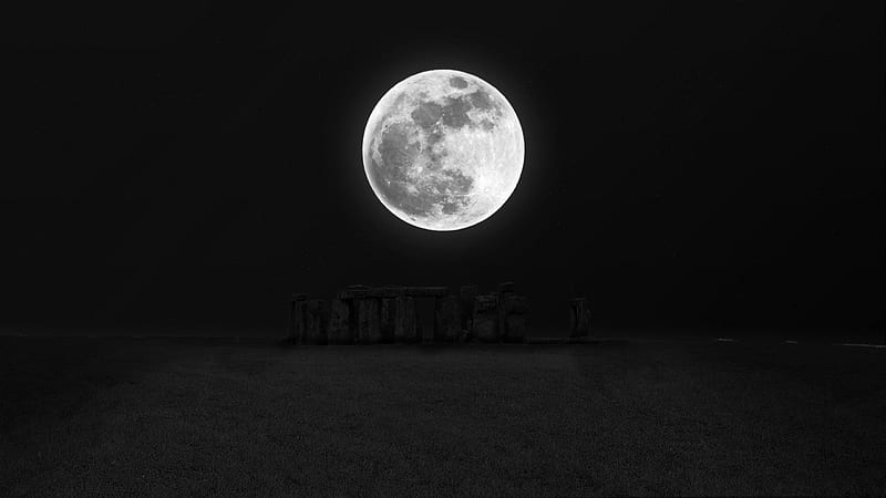 Stonehenge under the moonlight, moon, luminos, black, stonehenge, fantasy, moon, moonlight, light, night, HD wallpaper