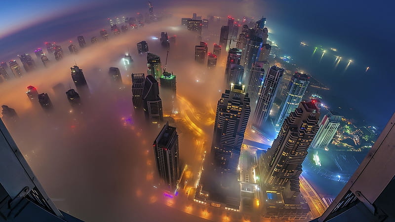 Windows 10 , Lights, Skyscrapers, Windows, Mist, HD wallpaper