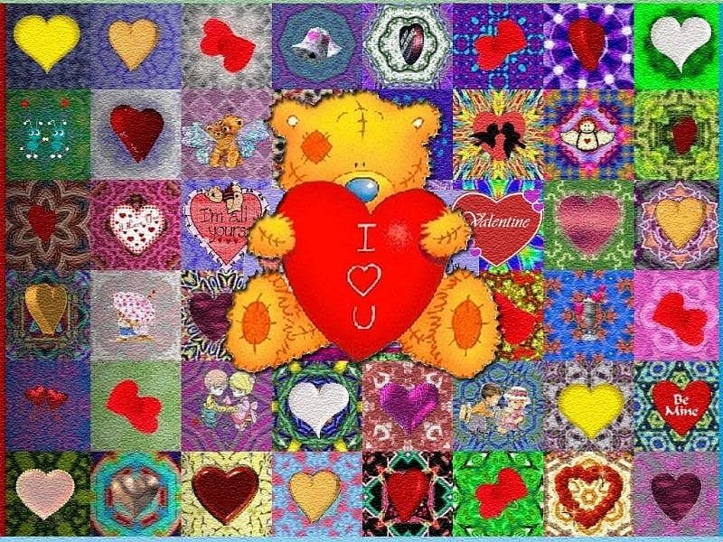 Valentine Patch Work, teddybear, red, corazones, patches, HD wallpaper