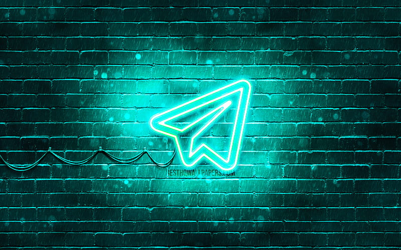 Telegram turquoise logo turquoise brickwall, Telegram logo, social networks, Telegram neon logo, Telegram, HD wallpaper